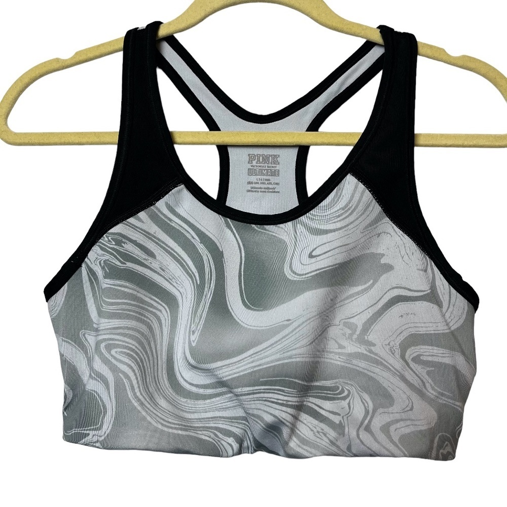 VICTORIA'S SECRET PINK Ultimate Gray Black Racerback Wireless Sports Bra Gym  L